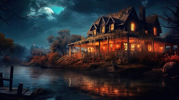 Spooky Creepy Haunted Riverside House isolata dal mondo esterno con sfondo scuro terrificante scenario macabro IA generativa