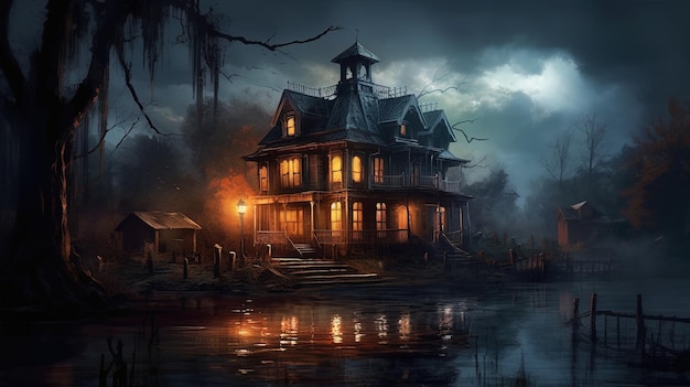 Spooky Creepy Haunted Riverside House isolata dal mondo esterno con sfondo scuro terrificante scenario macabro IA generativa