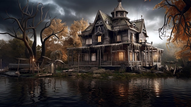Spooky Creepy Haunted Riverside House isolata dal mondo esterno con sfondo scuro