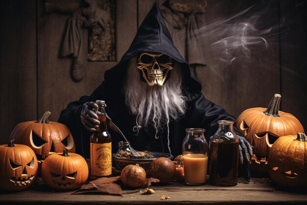 Spooky Halloween Night Mysterious Man in Black Robe con zucche e alcol Generative AI