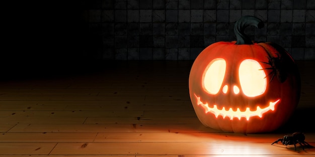 Spooky halloween sfondo Halloween zucche in spaventosa stanza buia di notte stanza cupo con infestato malvagio occhi luminosi di Jack O 'Lanterns sulla spaventosa notte di halloween rendering 3d