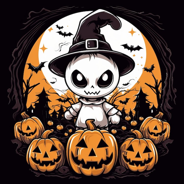 Spooky Kawaii Skeleton Halloween Vector TShirt Design con pipistrelli a luna piena e zucca