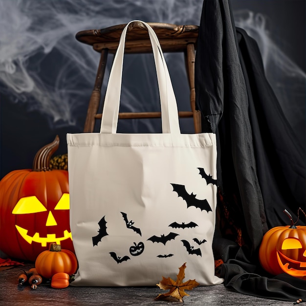 Spooky Tote Bag Mockup Halloween Setting con borsa bianca