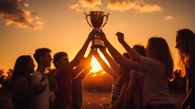 Sport di lavoro di squadra e mani di persone con trofeo per il raggiungimento del vincitore e il successo del campione Sostenere la comunità e la diversità con le donne e premio per l'impegno formativo e la collaborazione