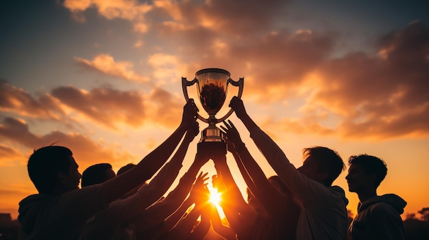 Sport di lavoro di squadra e mani di persone con trofeo per il risultato del vincitore e il successo del campione Sostegno alla comunità e alla diversità con le donne e premio per l'impegno e la collaborazione nella formazione