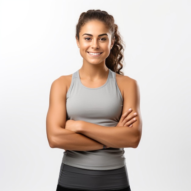 Sport donna sorridente con le braccia conserte su sfondo bianco IA generativa