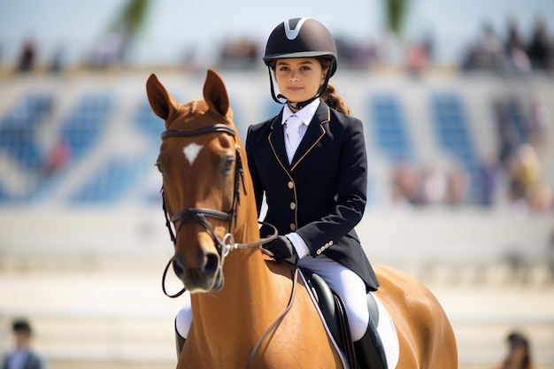 Sport equestre giovane ragazza cavalca a cavallo in campionato