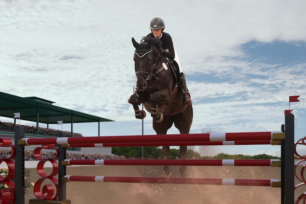 Sport equestre Ragazza giovane cavalca a cavallo in campionato