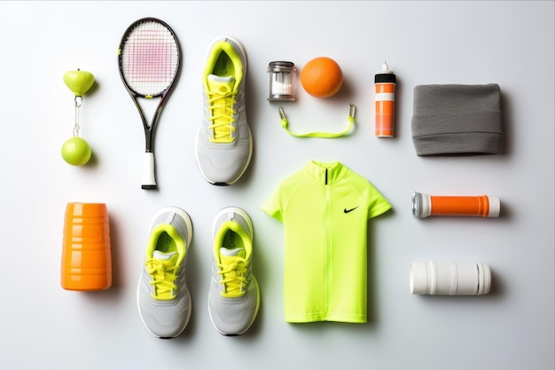 Sport essenziali in un minimalista flat lay scarpe da corsa racchetta da tennis salto corda e altro ancora