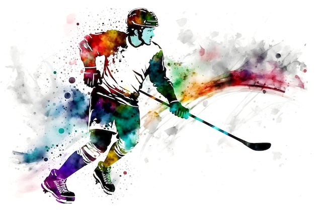 Sportivo che gioca a hockey su spruzzi di arcobaleno ad acquerello Arte generata dalla rete neurale