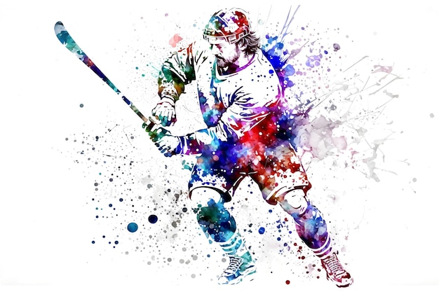 Sportivo che gioca a hockey su spruzzi di arcobaleno ad acquerello Arte generata dalla rete neurale