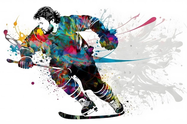 Sportivo che gioca a hockey su spruzzi di arcobaleno ad acquerello Arte generata dalla rete neurale