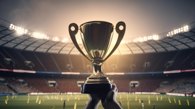 Sportivo che tiene il trofeo contro la vista dello stadio Generative Ai