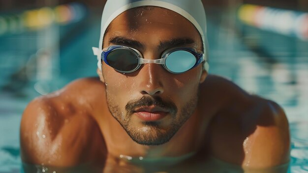 Sportivo con berretto da bagno e occhiali di protezione che guarda la telecamera dalla piscina mentre si riposa su b AI generativa