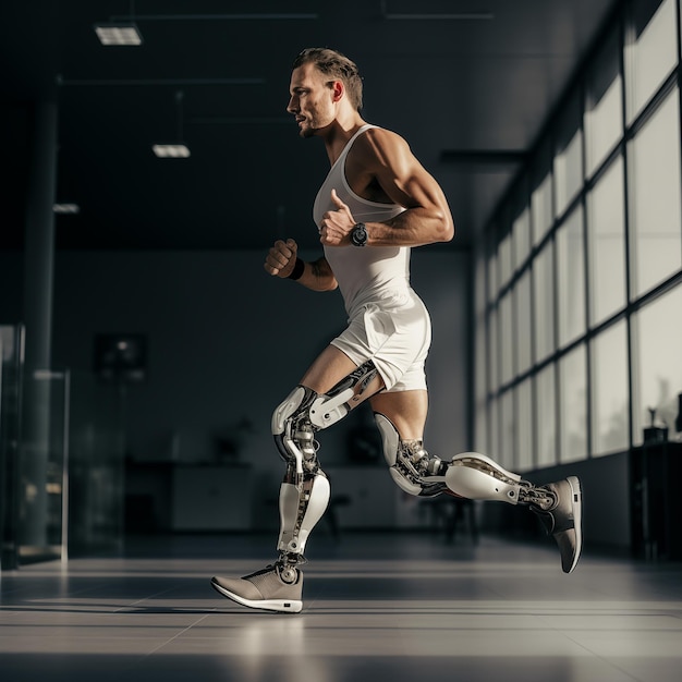 Sportivo con gambe protetiche bioniche che si allena in palestra Uomo con arti artificiali robotici recupero e riabilitazione IA generativa