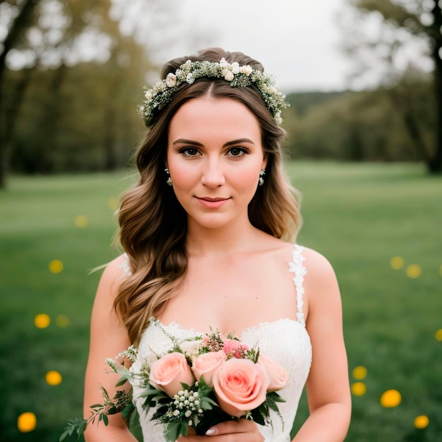 Sposa che tiene un mazzo di fiori davanti a fiori gialli