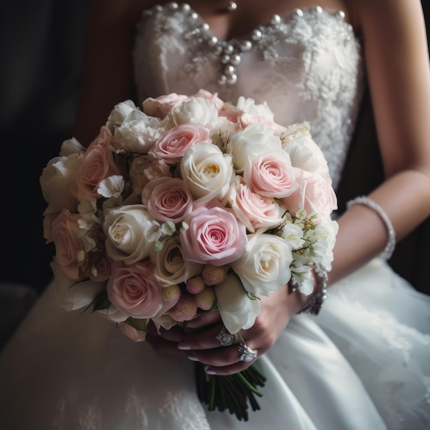 Sposa che tiene un mazzo di rose