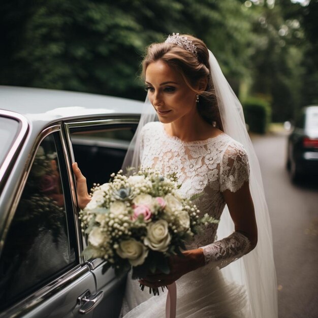 sposa con un bouquet in attesa di scendere dalla macchina per la cerimonia