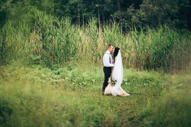 Sposa e sposo che abbracciano il giorno del matrimonio, giovani coppie felici che baciano nel parco in natura, San Valentino