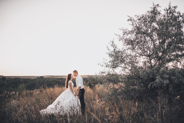 sposa e sposo che camminano sul prato