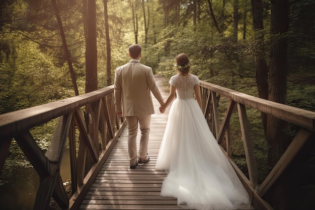 Sposa e sposo sul ponte di legno nella foresta Giorno del matrimonio Nuovo sposi vista posteriore completa camminando su un ponte nella foresta AI Generated