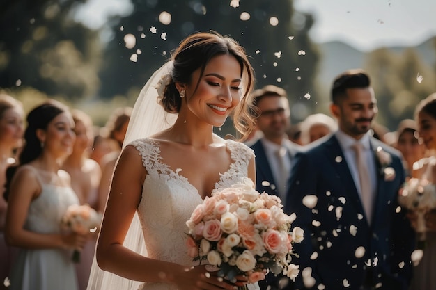 Sposa felice alla cerimonia nuziale e persone che spruzzano petali di fiori