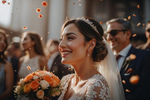 Sposa felice alla cerimonia nuziale e persone che spruzzano petali di fiori