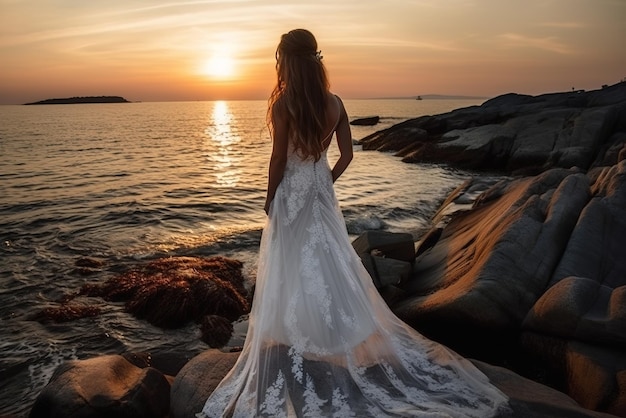 Sposa guardando il tramonto sulla spiaggia