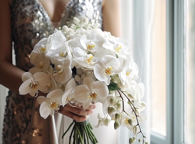 Sposa in possesso di un matrimonio bouquet di fiori Nozze anelli d'oro Abito da sposa da sposa Mano di una ragazza con un mazzo di fiori fiori il giorno delle nozze