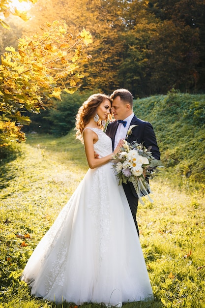 Sposa riccia elegante e sposo alla moda che abbracciano sul prato verde