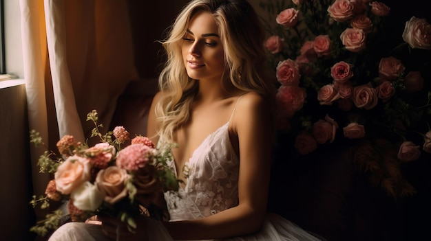 Sposa seduta con fiori Illustrazione AI Generative