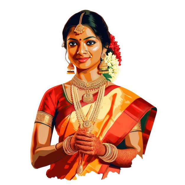 sposa tamil dell'India meridionale adornata con sari e gioielli e fiori in oro