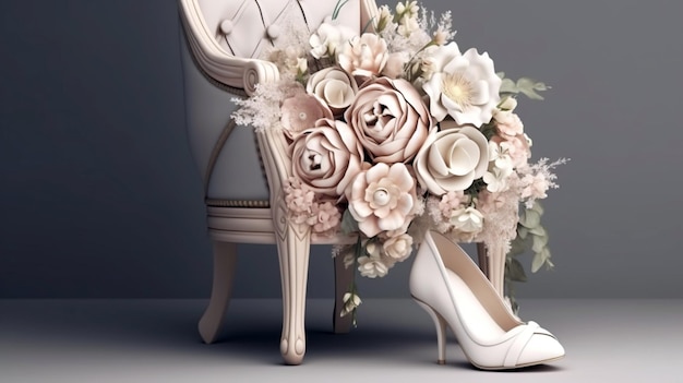 Spose scarpe da sposa con bouquet di rose e altri fiori