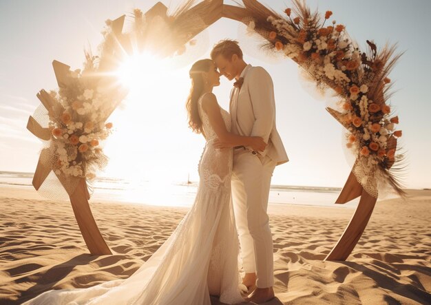 sposi che si baciano sulla spiaggia con un arco di legno ai creativo