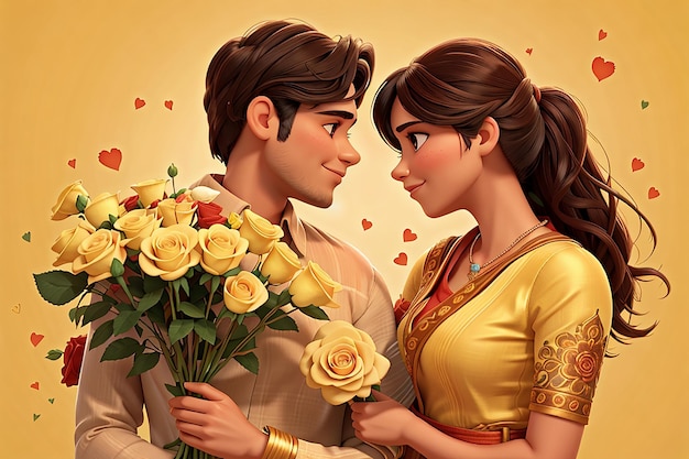 Sposi romantici che tengono un bouquet di fiori e si guardano le rose il giorno di San Valentino