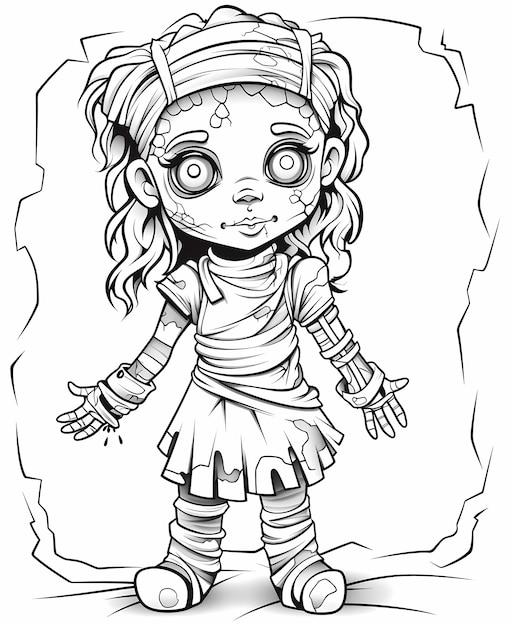 Spotty Costume Fun Outline Art Pagina da colorare con una ragazza come una mummia zombie di Halloween