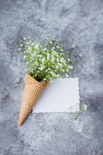 Spring Minimal Concept. Cono di cialda con fiori di gipsofila. Concetto di giorno della donna della madre.