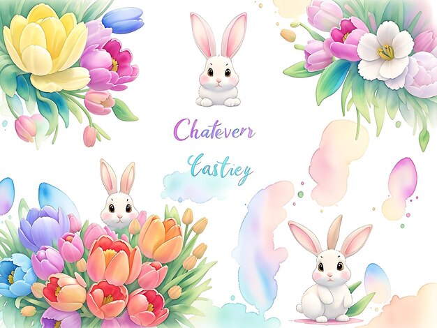 Spring Watercolor Easter Set Tulips Bunny Doodles ai generato
