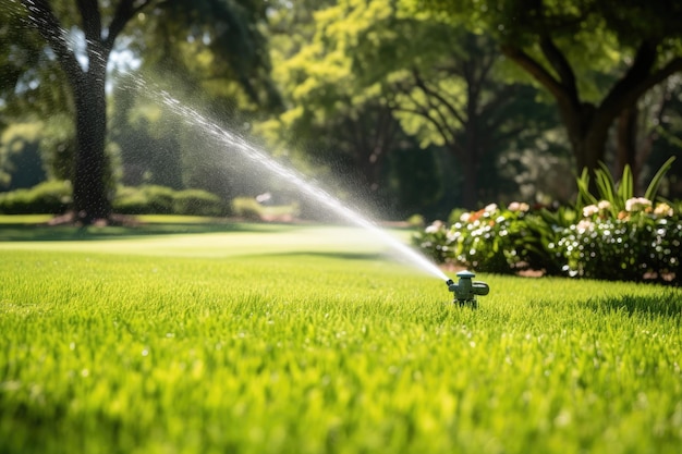 Sprinkler nel parco spruzza acqua sull'erba verde rigogliosa ai generato