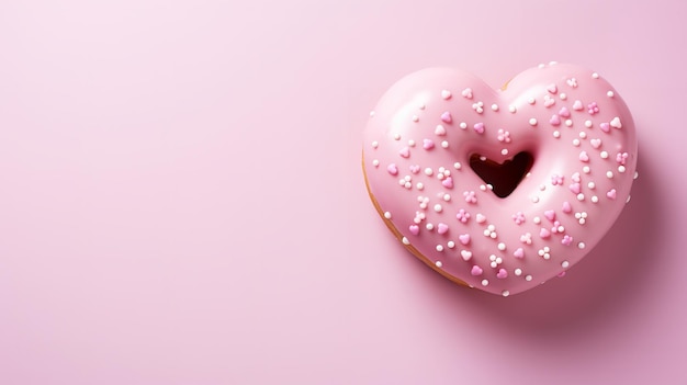 Sprinkles e una ciambella a forma di cuore su uno sfondo rosa spazio di copia AI generativa