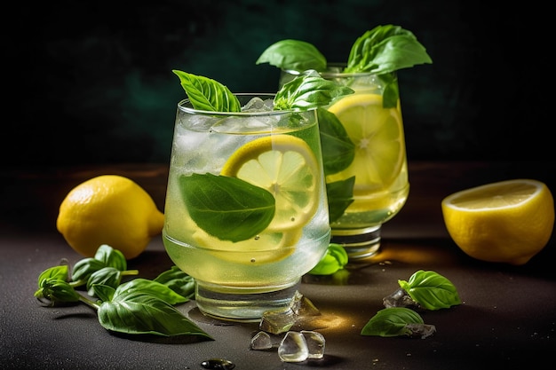 Spritz al basilico e limone Due bicchieri di limonata con foglie di basilico su fondo scuro