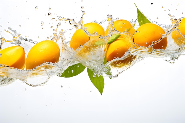Spruzza i frutti di mango che cadono nell'acqua