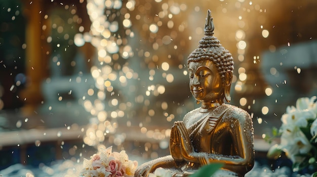 Spruzzare acqua su Buddha con acqua con fiori thailandese profumo tradizionale e ghirlanda di gelsomino per adorare durante il festival thailandese di Songkran
