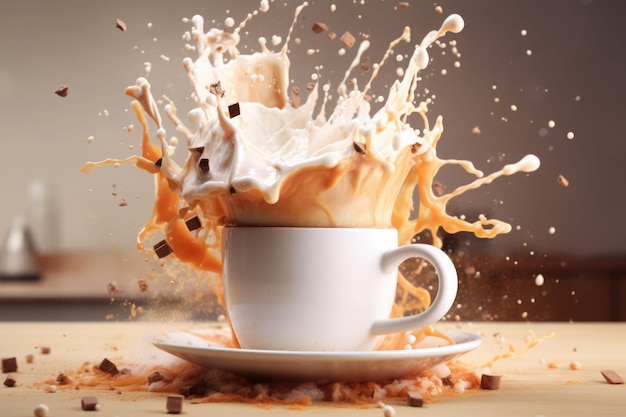 Spruzzare il caffè al latte in una tazza di vetro Illustrazione generativa dell'IA