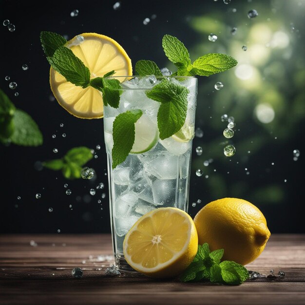 spruzzare limonata con menta e limoni sul tavolo di legno isolato su un nero