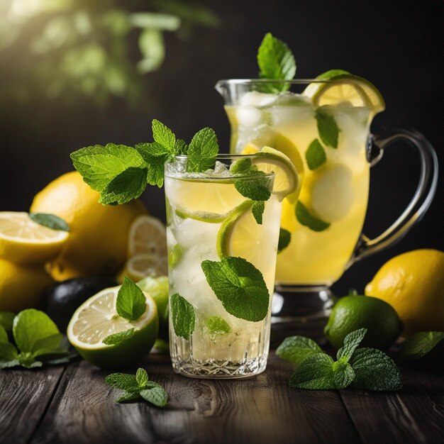 spruzzare limonata con menta e limoni sul tavolo di legno