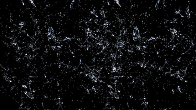 Spruzzata d'acqua con goccioline su sfondo nero illustrazione 3d