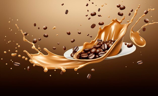 spruzzata di caffè liquido caldo con l'illustrazione 3d che cade del chicco di caffè