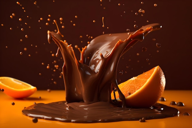 Spruzzata di cioccolato con arancia su sfondo arancione con copyspace