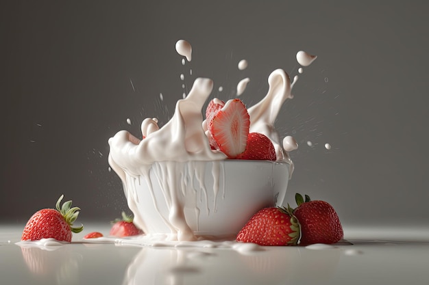 Spruzzata di gustoso yogurt e fragole fresche su sfondo scuro Illustrazione dell'IA generativa